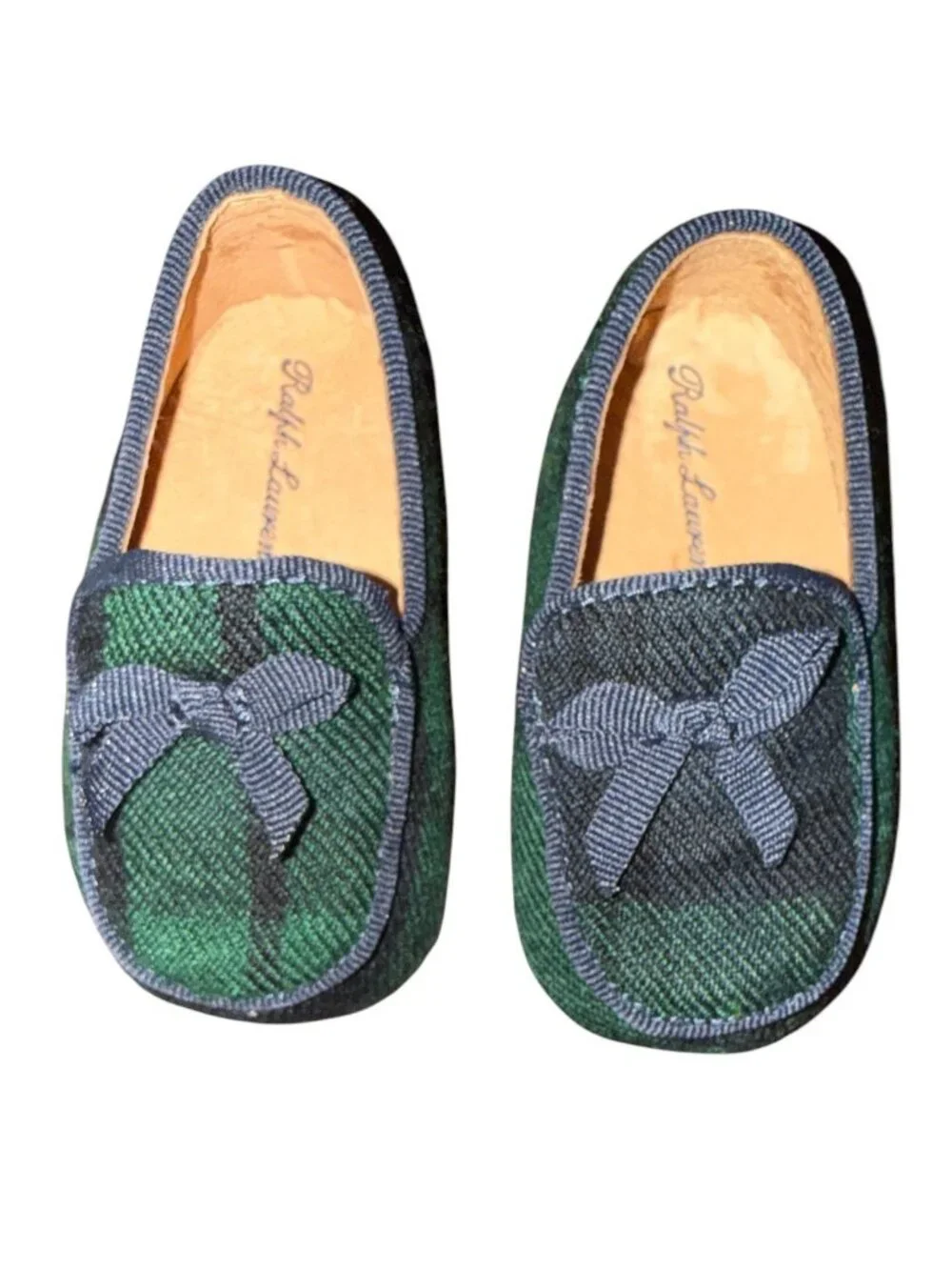 NIB Ralph Lauren Layette Baby Moccasins In Green & Navy Plaid With Bow Detailing